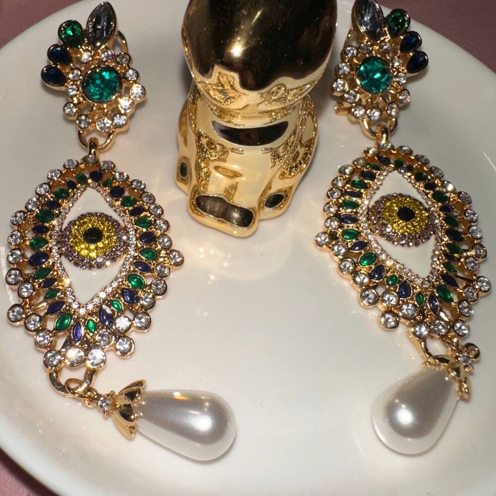 Ornate Evil Eye Gold Tone Statement Earrings with Crystal - Picture 3 of 8